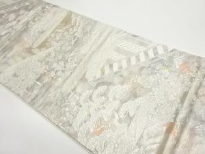 二重引箔寺院に庭園風景模様織出し袋帯